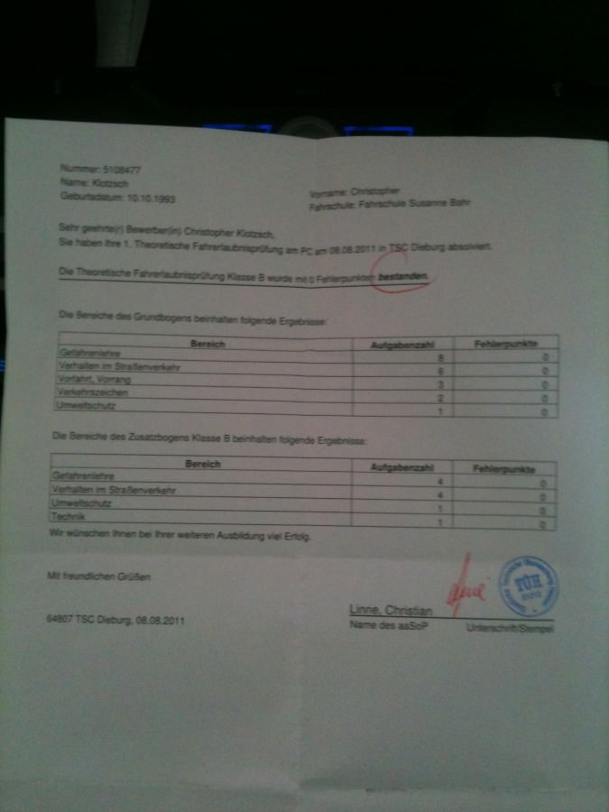 Theorie bestanden mit 0 Fehlern *Happy*